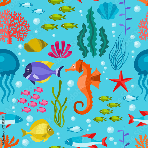 Marine life seamless pattern with sea animals.