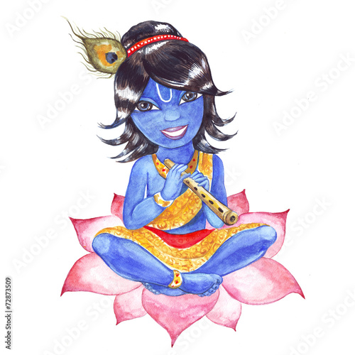Indian God Krishna. Watercolor illustration.
