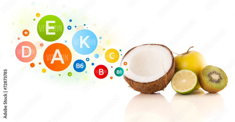 Healthy fruits with colorful vitamin symbols and icons Healthy fruits with colorful vitamin symbols and icons