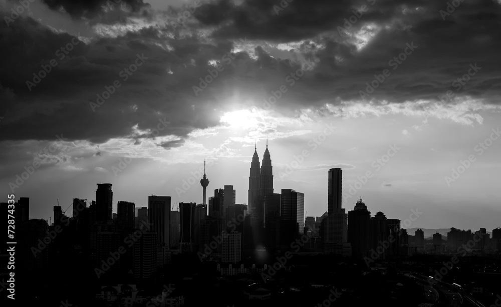 Silhouette of Kuala Lumpur city during sunset in black and white