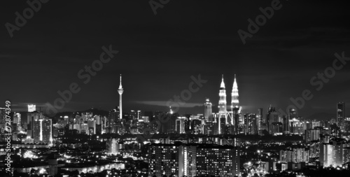 Kuala Lumpur skyline at night in black and white