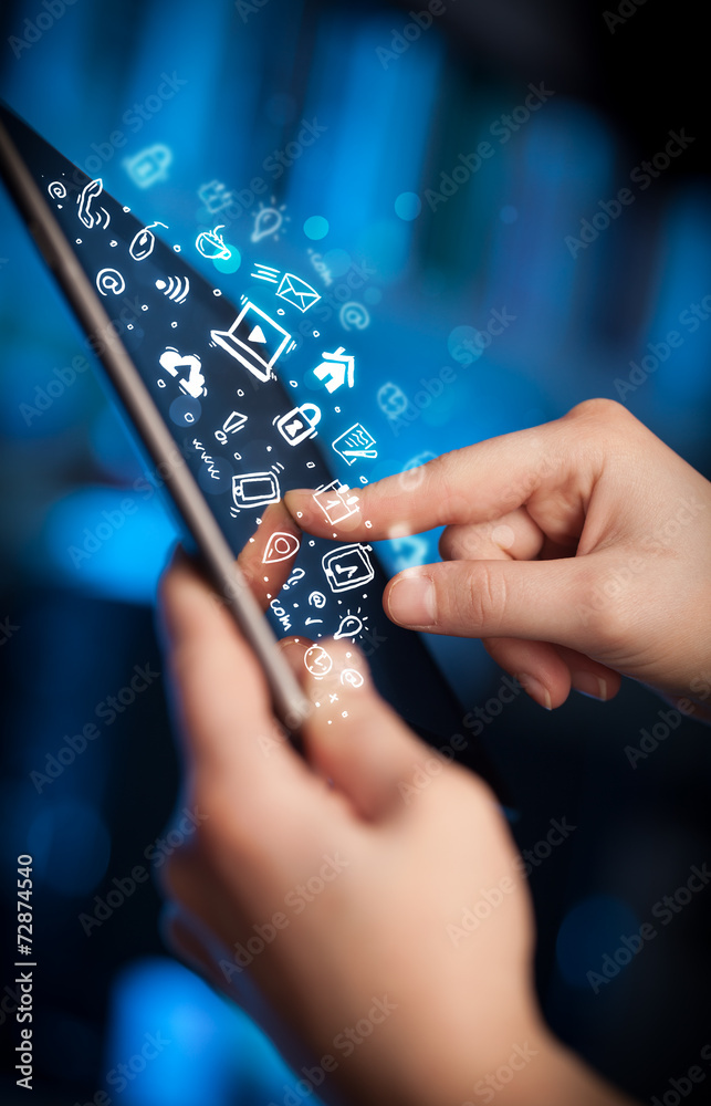Finger pointing on tablet pc, social media concept