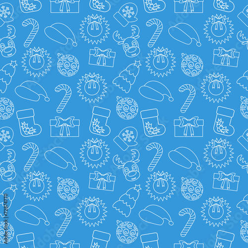 Christmas Seamless doodle background. Blue wrapping-paper