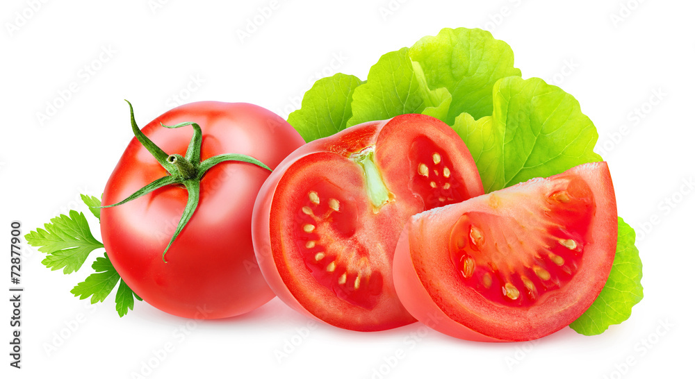 Isolated tomato. Cut tomatoes with lettuce and parsley leaves over white background, with clipping path Isolated tomato. Cut tomatoes with lettuce and parsley leaves over white background, with clipping path