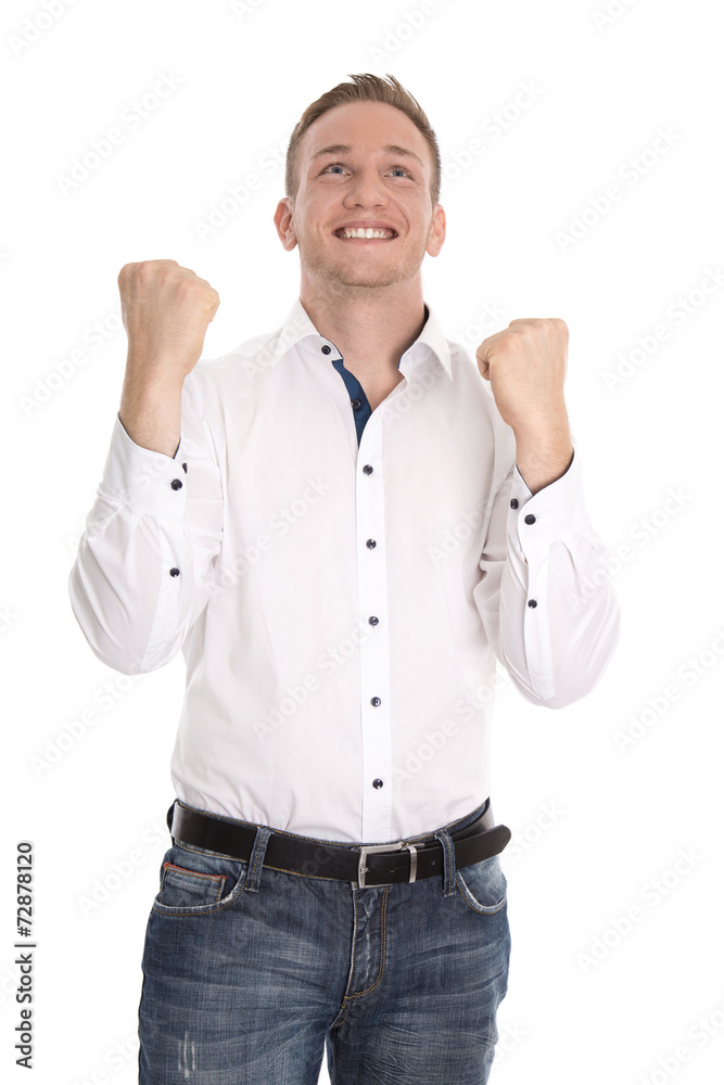 Successful cheering isolated young blond man making fist gesture Successful cheering isolated young blond man making fist gesture