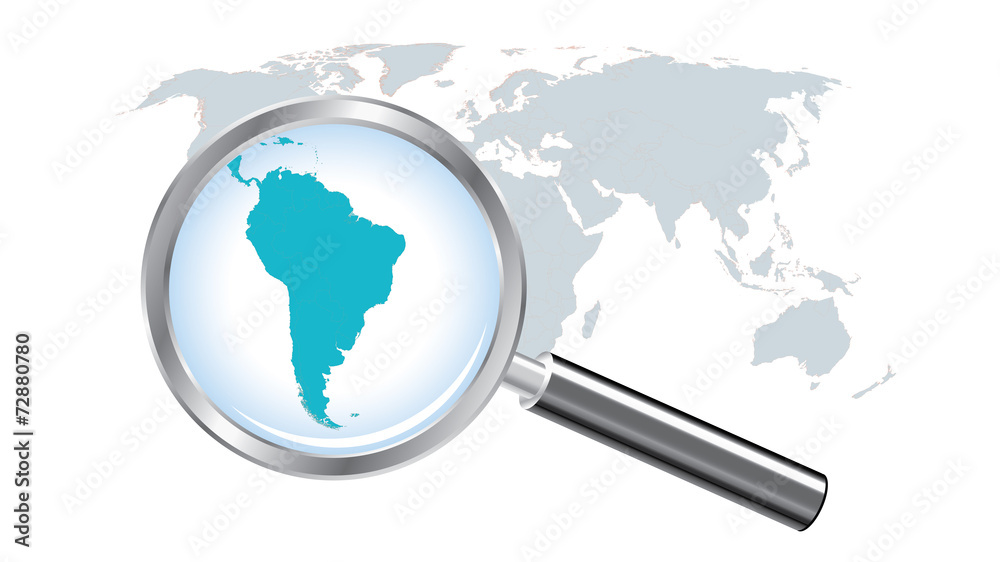 World map with South America magnified by loupe World map with South America magnified by loupe