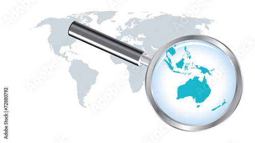 World map with Australia magnified by loupe