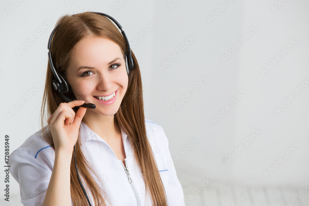 Woman customer service worker, call center smiling operator Woman customer service worker, call center smiling operator