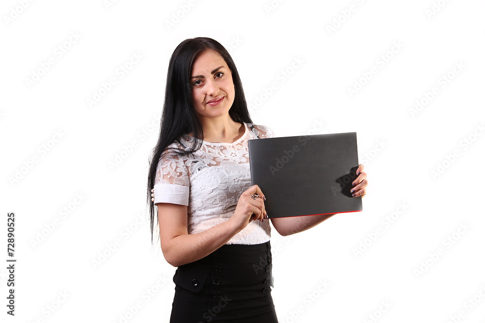 Portrait of smiling business woman with paper folder, isolated o Portrait of smiling business woman with paper folder, isolated o