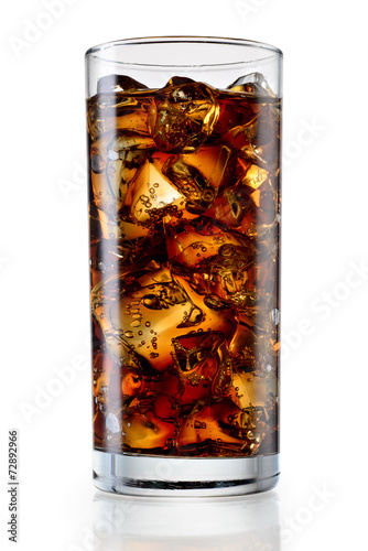 Glass of cola soda with ice cubes on white with clipping path