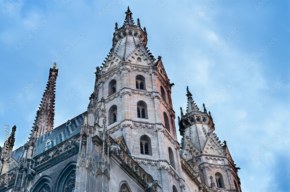 The facade of the St. Stephen's Cathedral in Vienna at the sunse