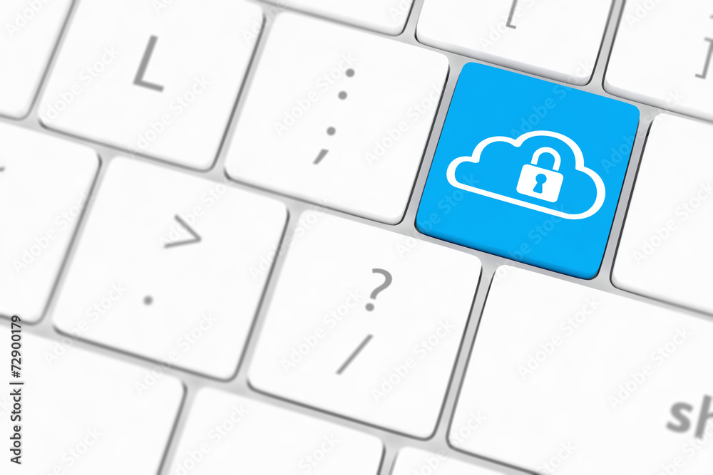 Cloud computing security concept on blue keyboard button close- Cloud computing security concept on blue keyboard button close-
