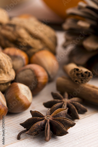 Different kinds of spices, nuts and dried oranges - christmas de