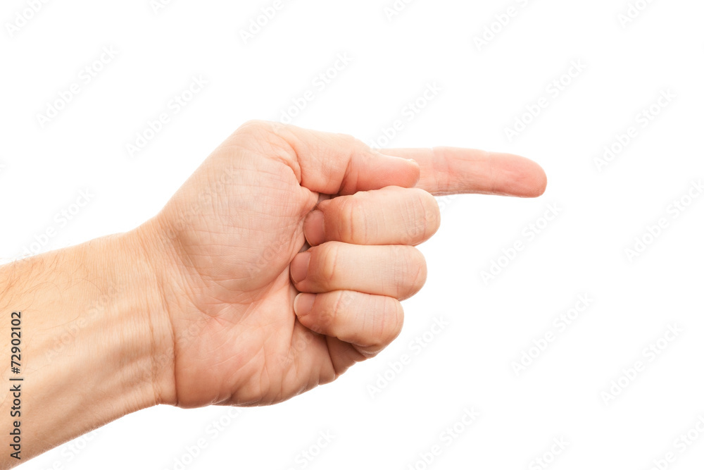 Left male hand with index finger isolated on white Left male hand with index finger isolated on white