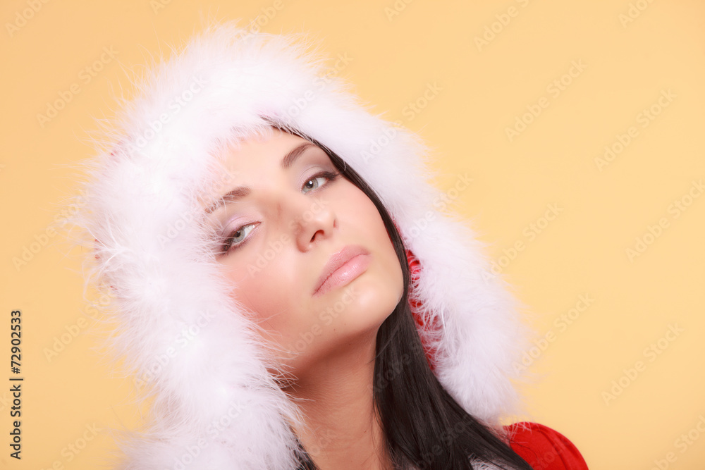 Portrait woman wearing santa claus costume on yellow Portrait woman wearing santa claus costume on yellow
