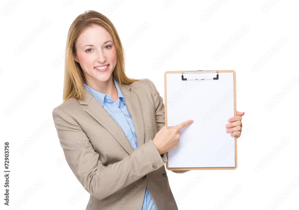 Businesswoman show with blank paper on clipboard Businesswoman show with blank paper on clipboard