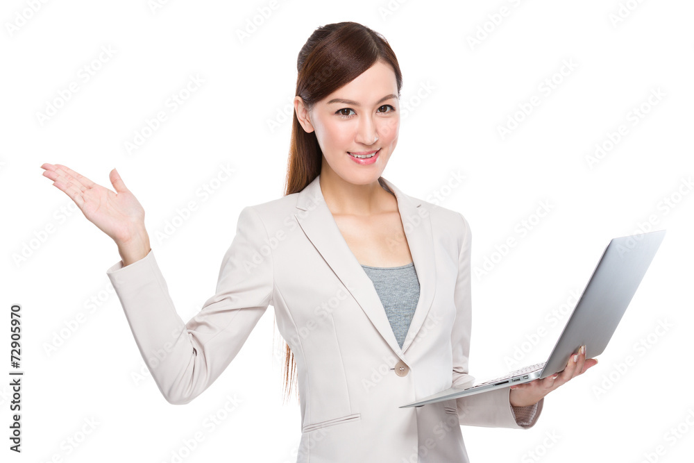 Business woman use of laptop and open hand palm Business woman use of laptop and open hand palm