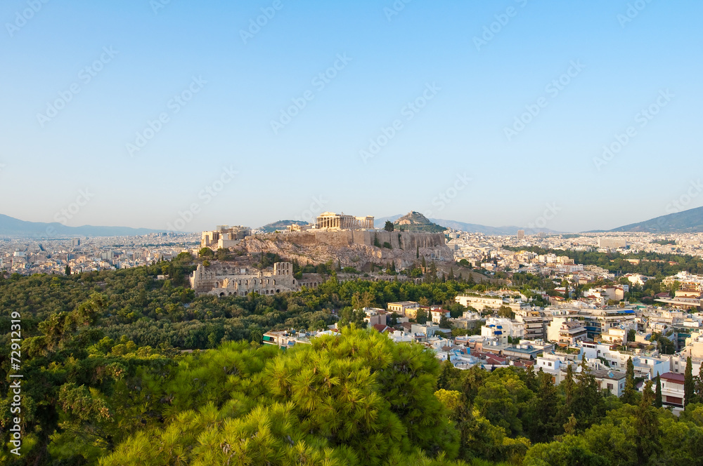 Panorama of Acropolis and Athens city below. Greece.