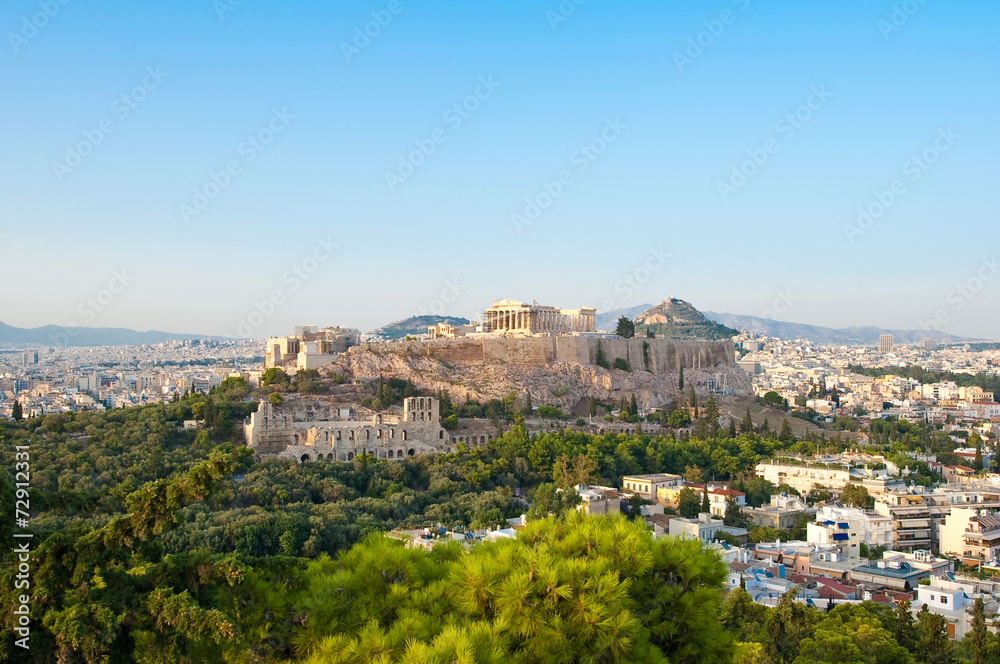 View of Acropolis of Athens from Filopappos Hill. Greece.