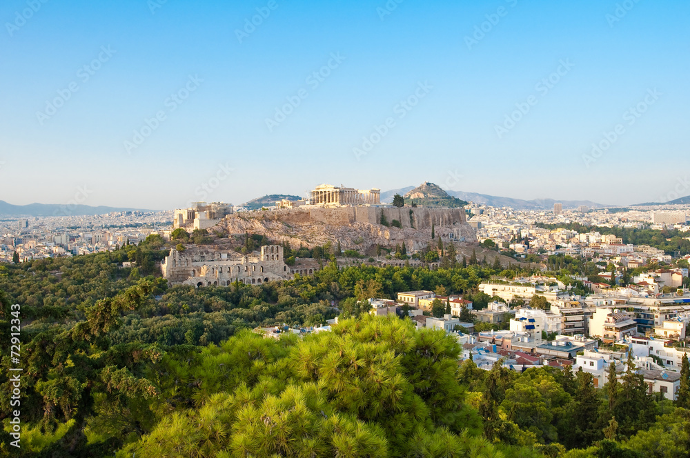 Acropolis of Athens seen from Filopappos Hill. Athens, Greece.