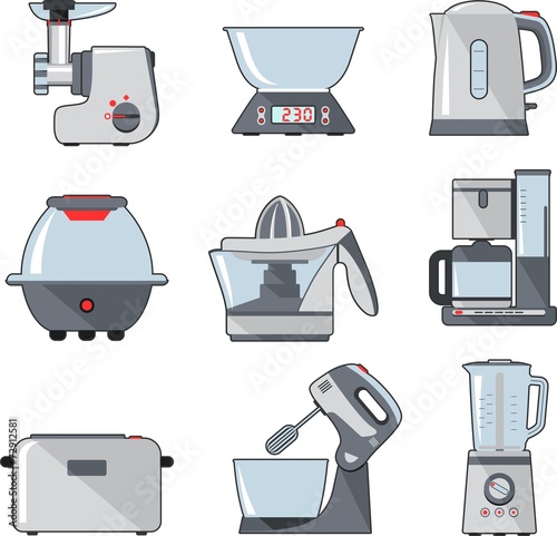 Household kitchen electric appliances in flat style