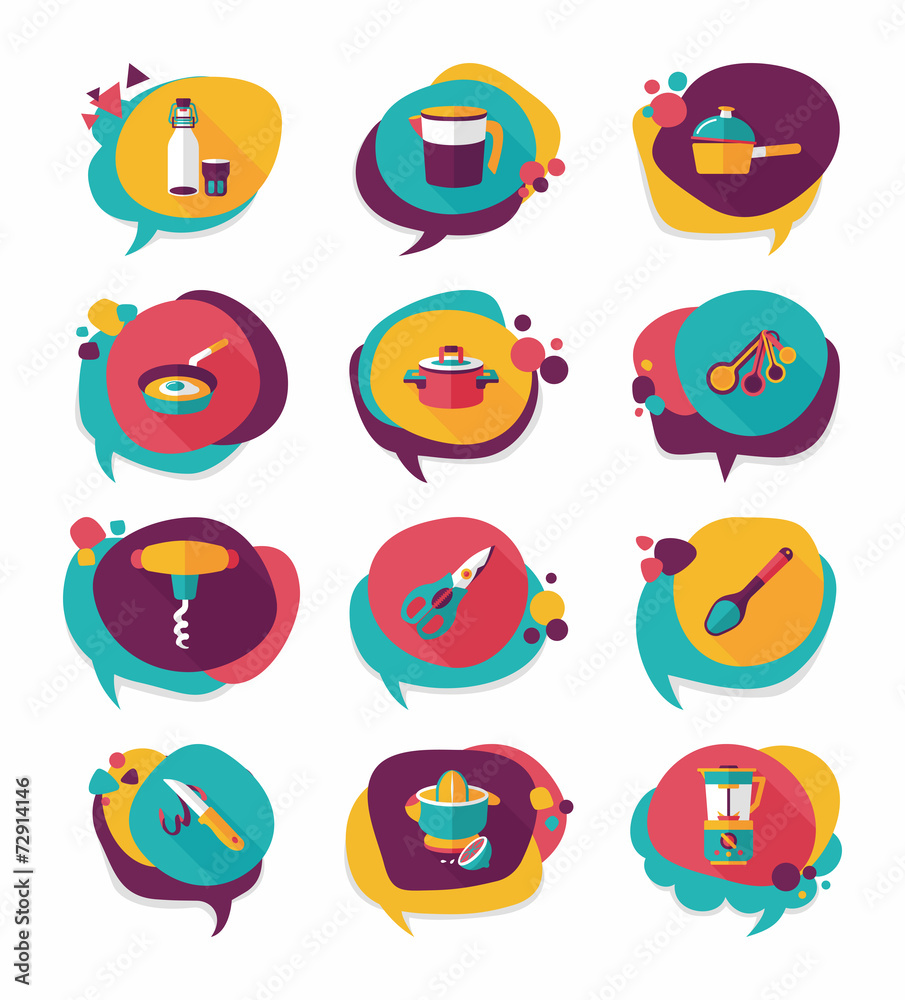Kitchenware bubble speech flat banner design background set, eps Kitchenware bubble speech flat banner design background set, eps