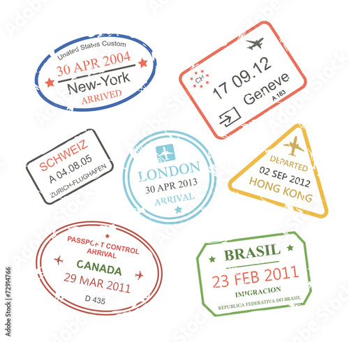 International business travel visa stamps set vector