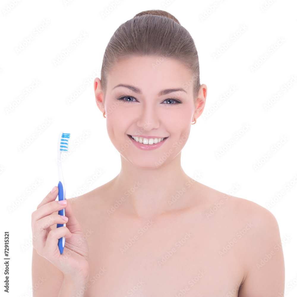 portrait of young beautiful smiling woman with tooth brush isola portrait of young beautiful smiling woman with tooth brush isola