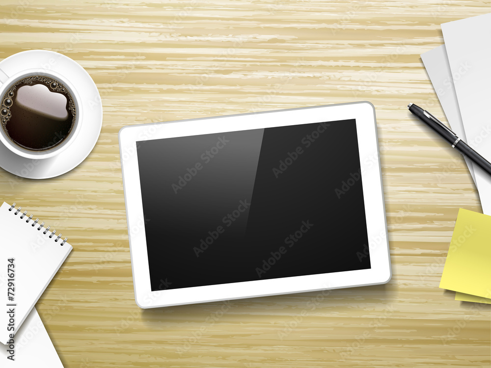 top view of tablet and working place elements top view of tablet and working place elements