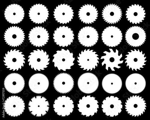White silhouettes of different circular saw blades, vector