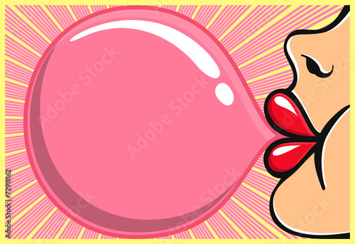 Bubble gum girl: girl red lipstick blowing bubblegum vector photo