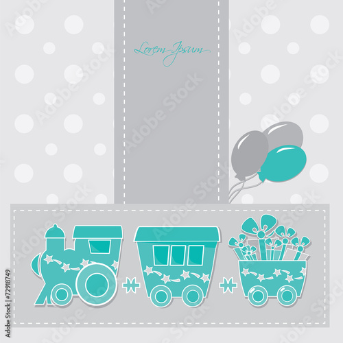 Cute train with boxes and baloons on a gift card