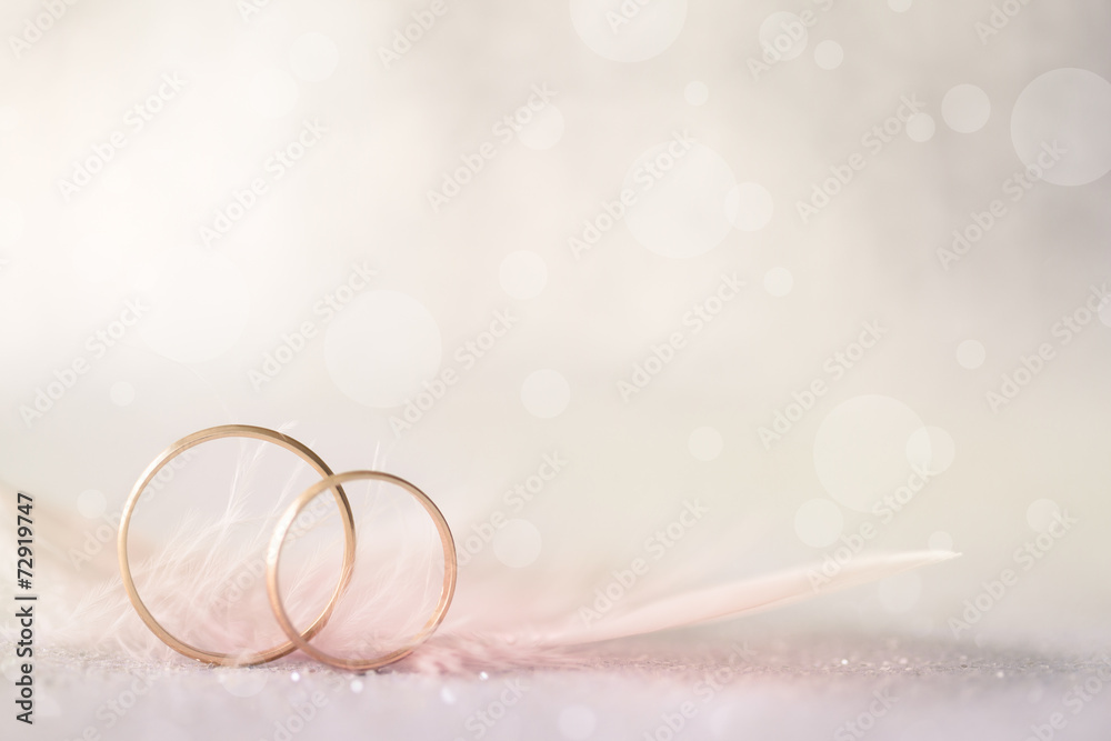 Two Golden Wedding Rings and Feather - light soft background - obrazy, fototapety, plakaty 