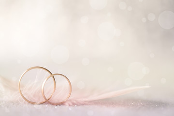Two Golden Wedding Rings and Feather - light soft background