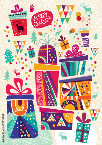 Christmas card with gift boxes. Postcard