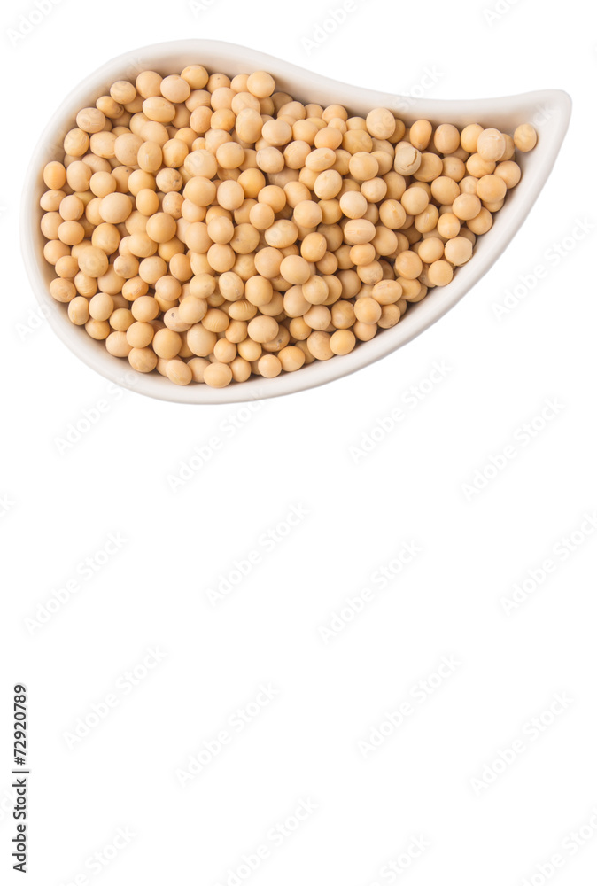 Soybean in an oval ceramic bowl over white background