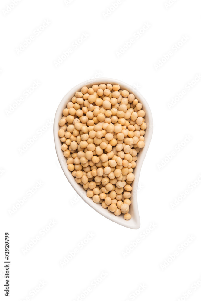 Soybean in an oval ceramic bowl over white background