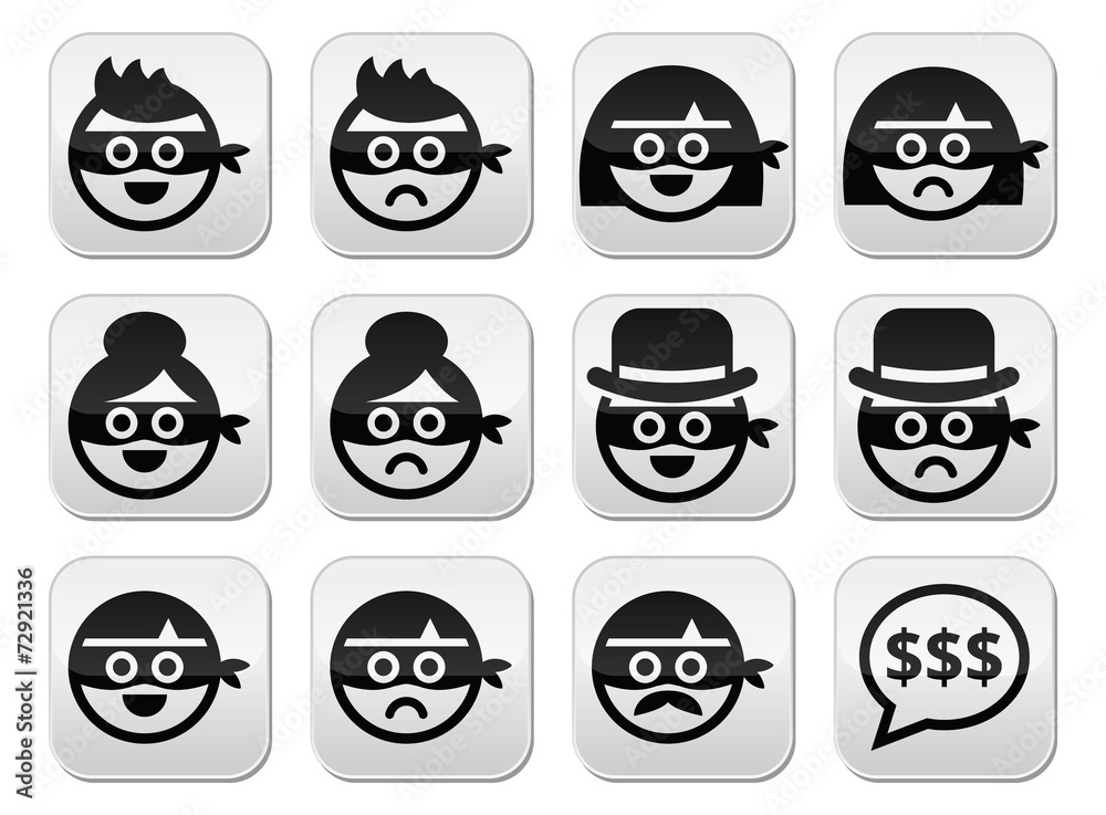 Thief man and woman faces in masks icons set Thief man and woman faces in masks icons set