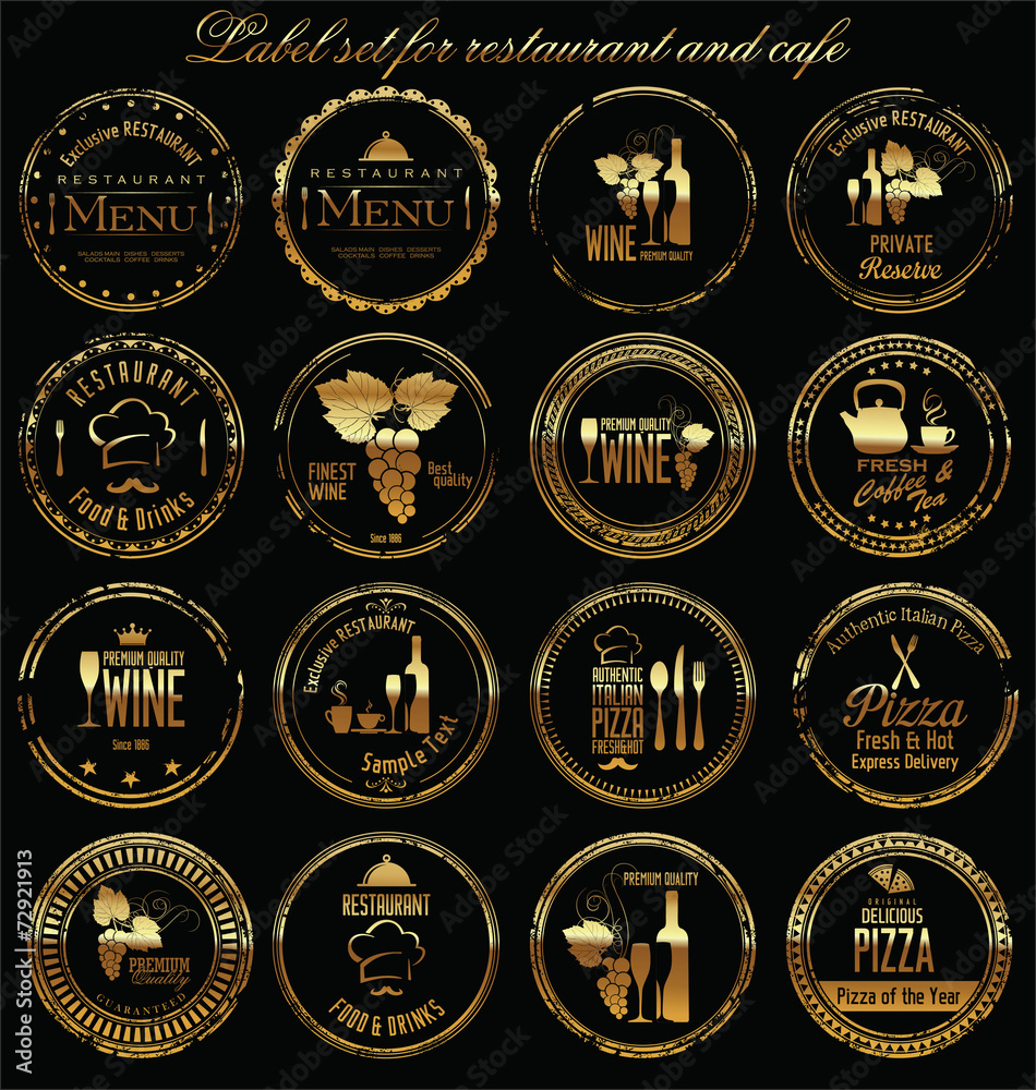 Golden grunge label set for restaurant and cafe Golden grunge label set for restaurant and cafe