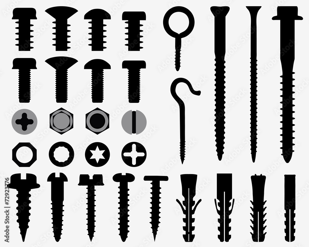Silhouettes of wall plugs, bolts, nuts and screws - obrazy, fototapety, plakaty 