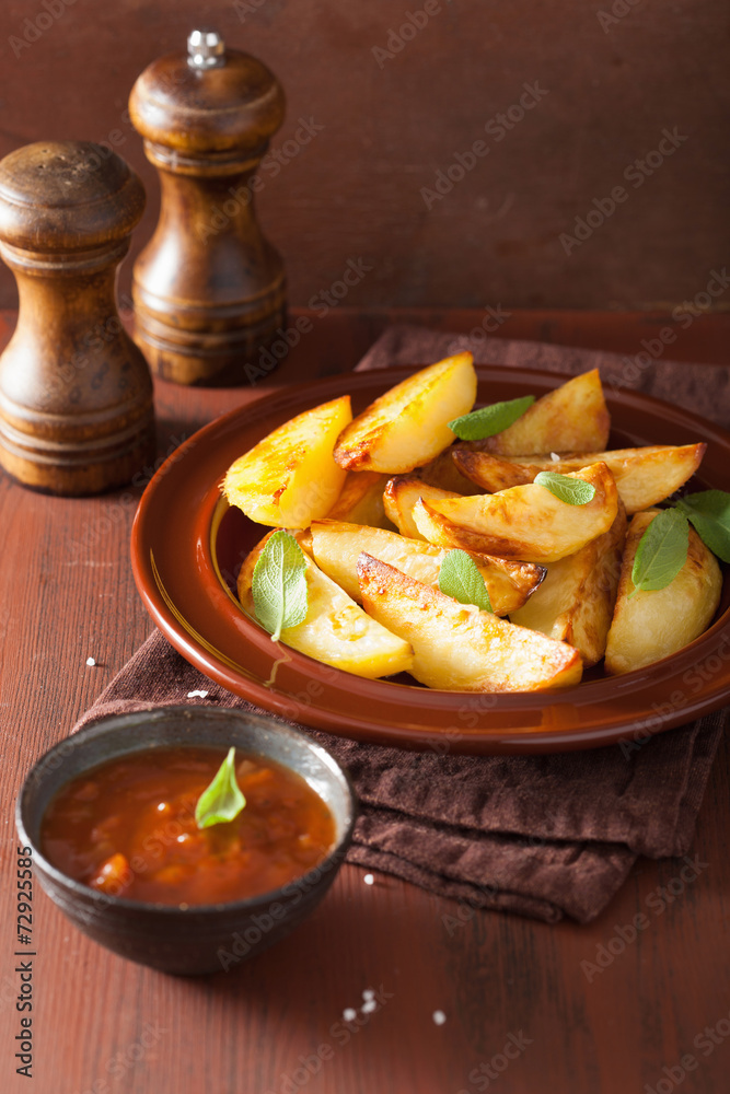 baked potato wedges in plate over brown rustic table