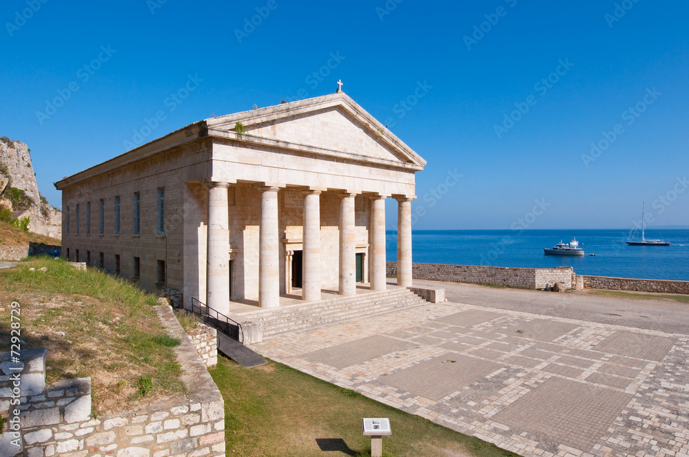 The west facade of the Church of St. George. Corfu, Greece.