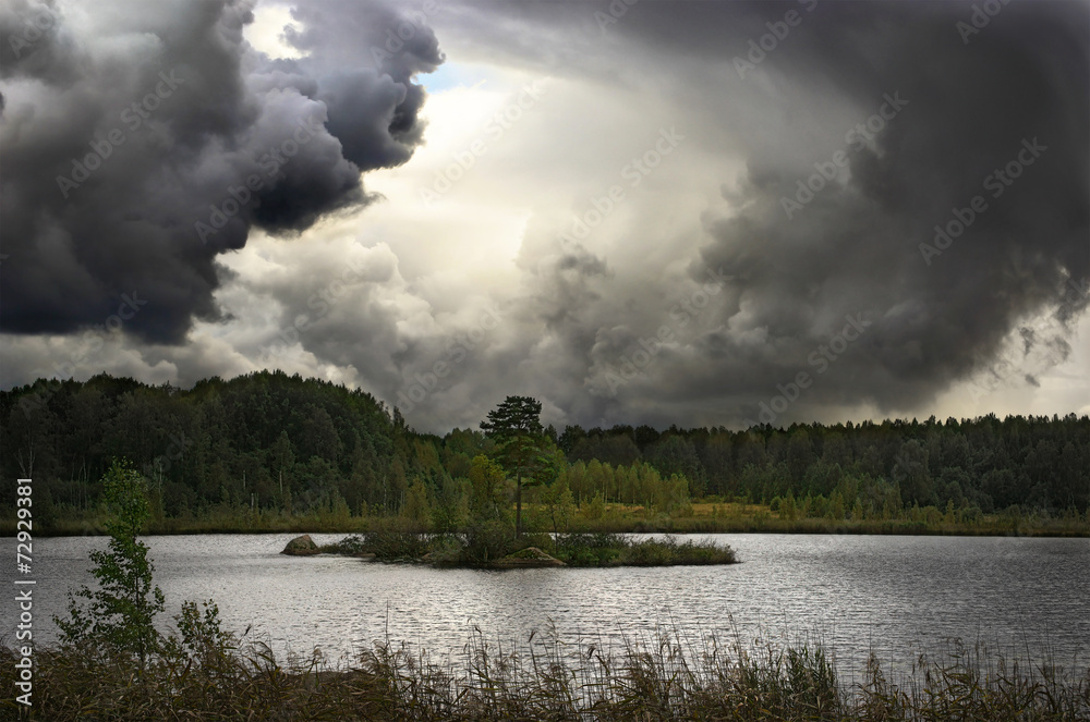 dragon shaped monster cloud swirl over lake island, tornado