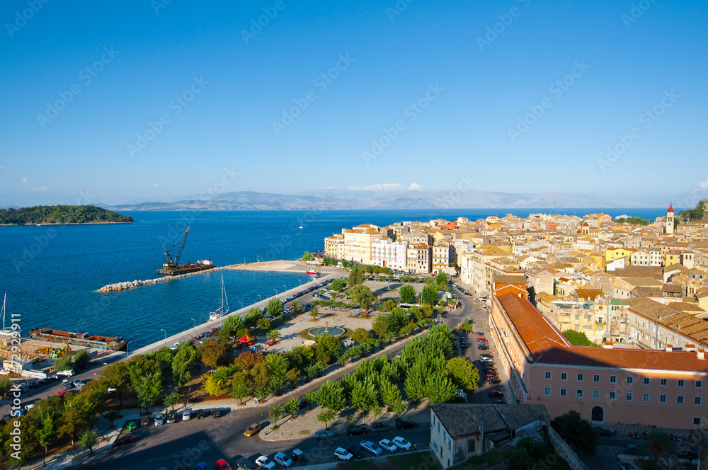 Aerial view of Corfu city with the Old Fortress, Greece.