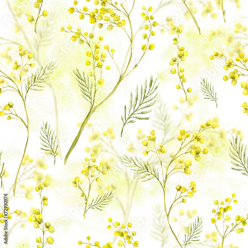 Seamless Pattern with Watercolor Sprig of Mimosa