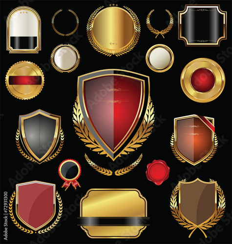 Golden shield, badges, labels and laurels