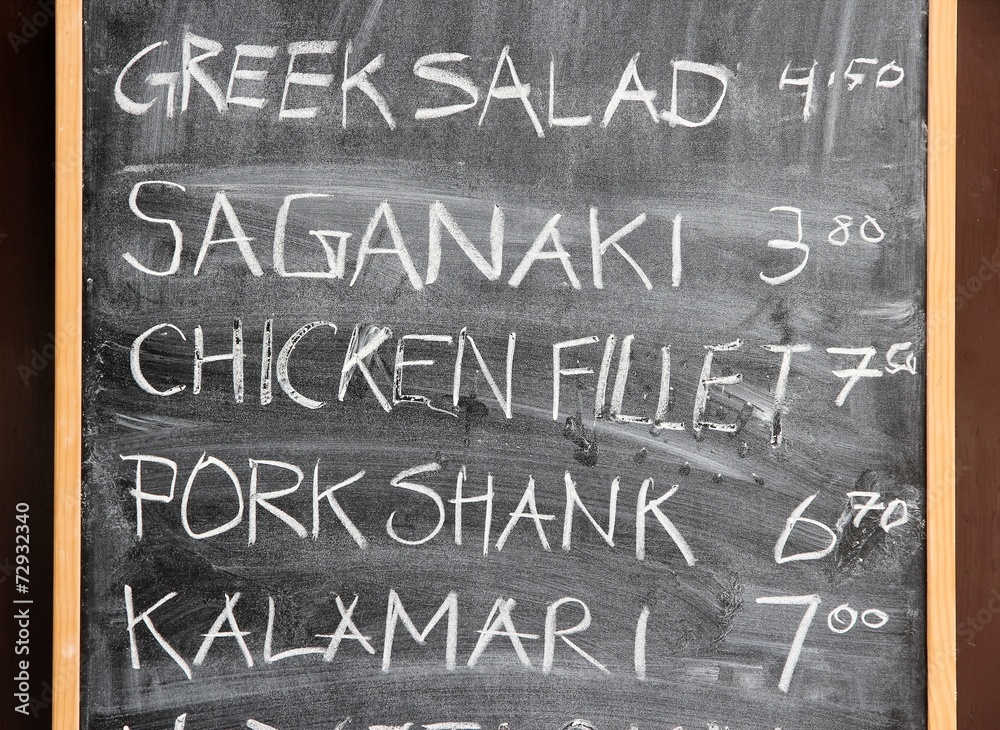 Blackboard menu of Greek cuisine