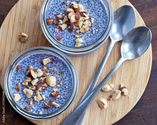 Lavender blue blueberry chia seed pudding in mason jars