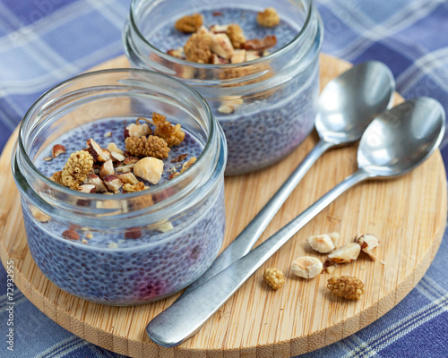 Lavender blue blueberry chia seed pudding in mason jars