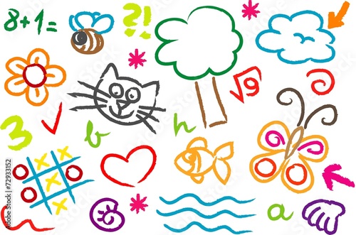 Children's drawings of kids, animals, nature, objects